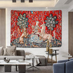 FEASRT Medieval Maiden and Unicorn Tapestry European Royal Tapestry Lion Tapestry, 60x40 Inches Soft Flannelette, Lady and Unicorn for Living Room Bedroom Dorm