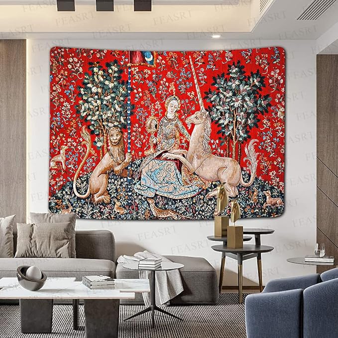 FEASRT Medieval Maiden and Unicorn Tapestry European Royal Tapestry Lion Tapestry, 60x40 Inches Soft Flannelette, Lady and Unicorn for Living Room Bedroom Dorm