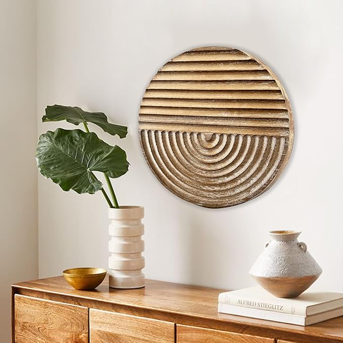 Musanpou Hand-carved Wood Wall Decor featuring Artistic Round Design for Farmhouse and Country-style Interiors | Wall Art Decoration | 11.8 inches x 11.8 inches (Natural)