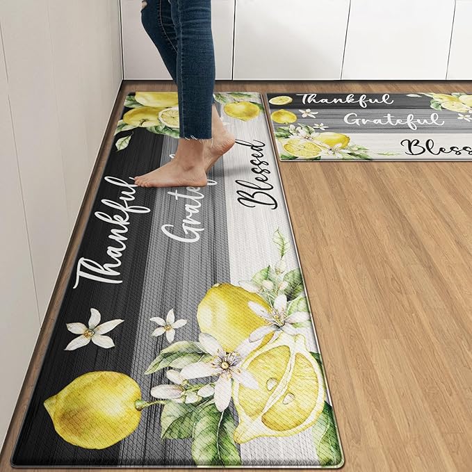 Arttown Yellow Lemon Anti-Fatigue Kitchen Rug Set of 2 Grey Black Farmhouse Vintage Wooden Cushioned Floor Standing Mat Waterproof Non-Slip Kitchen Mat and PVC Ergonomic Comfort Foam Rug