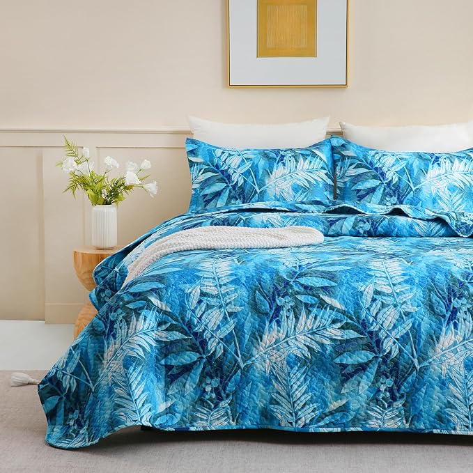 JSD Teal Blue Tropical Leaves Quilt Set Twin Size, 2 Piece Printed Bedspreads Coverlet with Pillow Sham, Lightweight Quilted Blanket