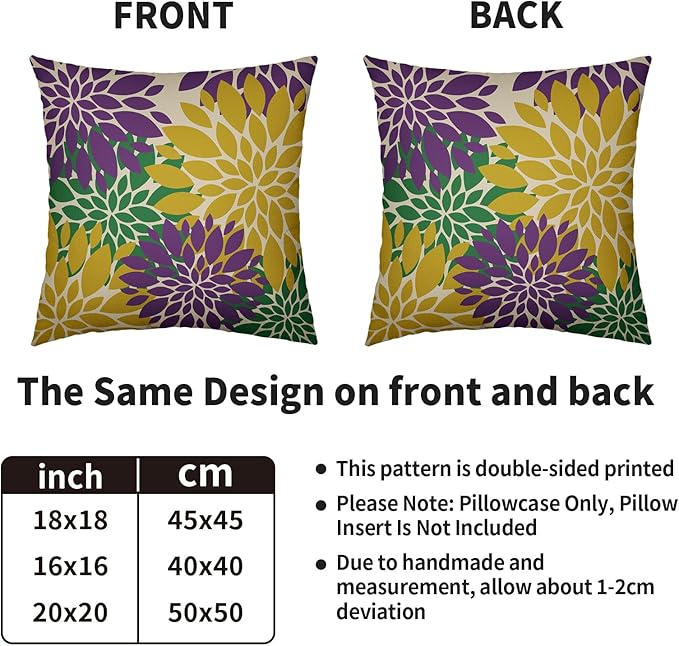 Mardi Gras Pillow Covers 20X20 Inch Set of 2, Purple Yellow Green Flower Holiday Dahlia Floral Print Decorative Throw Pillow Covers Outdoor Farmhouse Cushion Case for Couch Sofa Bed Decor