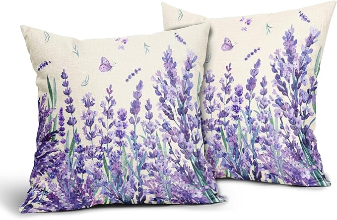 Kawani Spring Summer Floral Pillow Covers 16X16 Inch Purple Lavender Butterfly Flowers Decorative Pillow Cases Set of 2 Seasonal Holiday Throw Pillows Farmhouse Home Decor for Sofa Couch Cushion
