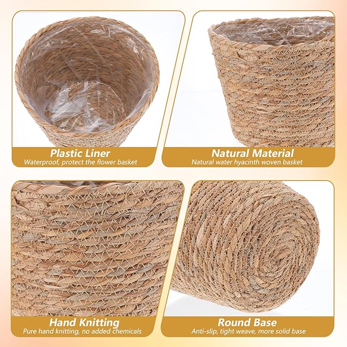 3 PCS Plant Baskets Indoor with Plastic Liner, Water Hyacinth Woven Planters Flower Basket, Planter Basket for Rustic Boho Home Farmhouse Floor Potted Pots Decor