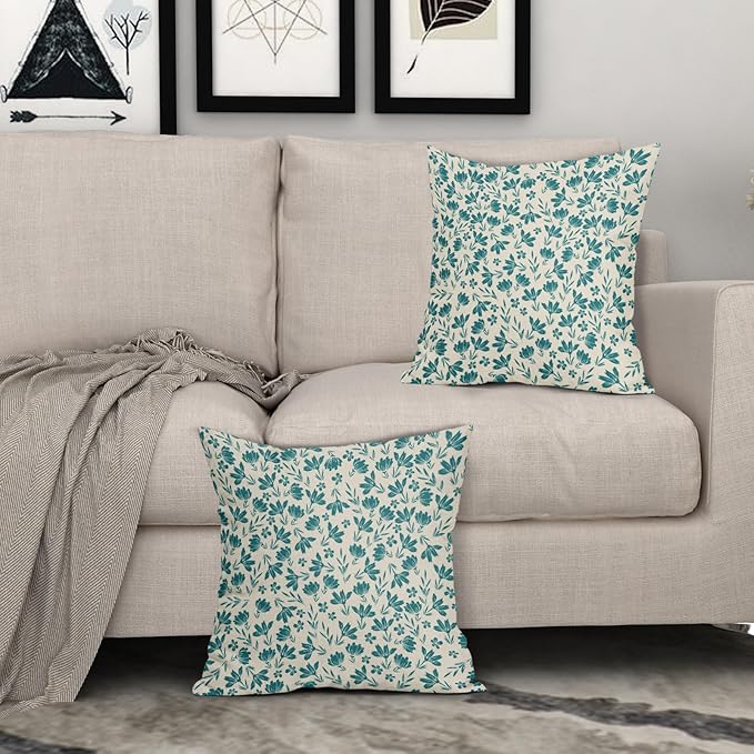 Teal Floral Pillow Covers 18x18 Set of 2 Vintage Rustic Old Style Cute Small Flower Blue Green Cream Print Decorative Outdoor Pillowcases Farmhouse Throw Cushion Case Decor for Couch Sofa Bed