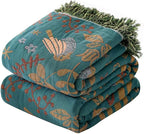 Boho Throw Blanket for Couch Sofa Bed, 100% Cotton Woven Quilt with Tassel 80”x90”, Super Soft Muslin Blanket with Bird Printed, Decorative Reversible Bed Blanket/Cover for All Seasons