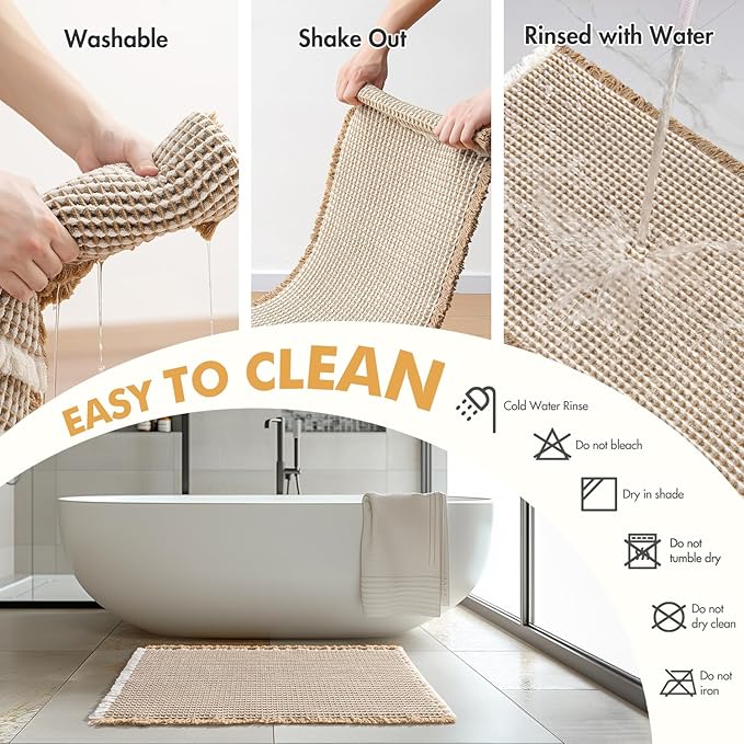 MIULEE Set of 2 Waffle Bathroom Rugs, Boho Bath Rugs Non Slip Washable, Super Absorbent Bath Mats, Ultra Soft Rubber Backed Shower Mats for Bathroom Floor, Tub, Brown & White, 18x30 Inch