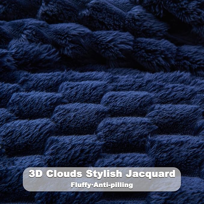 NEWCOSPLAY Super Soft Queen Blanket Dark Navy Premium Silky Flannel Fleece 3D Clouds Stylish Jacquard Lightweight Bed Blanket All Season Use 350GSM (Dark Navy, Queen(90"x90"))
