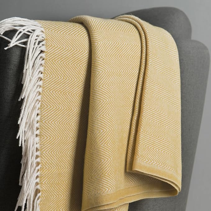 BOURINA Decorative Herringbone Faux Cashmere Fringe Throw Blanket Lightweight Soft Cozy for Bed or Sofa Farmhouse Outdoor Throw Blankets, 50" x 60", Light Yellow