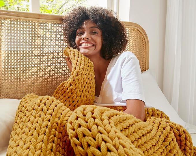 Madison Park Boho Throw Blanket, Soft Blanket Handmade Gift Home Decor, Lightweight & Breathable All Seasons Spring Chunky Knit Blanket, Knitted Throw for Couch, Bed Blanket, 50"x60" Yellow