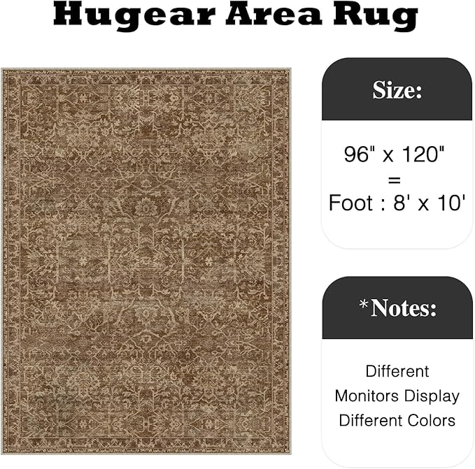 HUGEAR Area Rug 8x10 Brick Red Machine Washable Living Room Rugs Distressed Vintage Floral Vacuumable Low Pile Carpet Bedroom Office Dining Room Laundry Room Non Slip Soft Lightweight