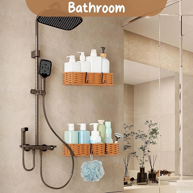 Hanging Wall Basket, Adhesive Wall-Mounted Organizer for Storage, 2-Pack Plastic Wicker Woven Storage Shelves for Kitchen Cabinets, Bathroom, Pantry, Brown Color