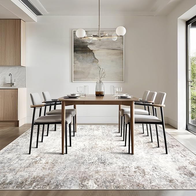 Washable Rugs 10x14 Area Rugs for Living Room,Modern Abstract Rugs for Bedroom,Large Carpets,Ultra Soft Faux Wool Retro Dining Room Rug,Non Slip&Non-Shedding Low Pile Print Rug- Beige Grey