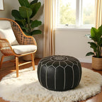 Stuffed Round Design Moroccan Leather Pouf Ottoman, Handmade, Pre-Filled, 100% Genuine Leather, 13” Height x 20” Diameter, Footstool & Living Room Décor (Black with White Stitches)