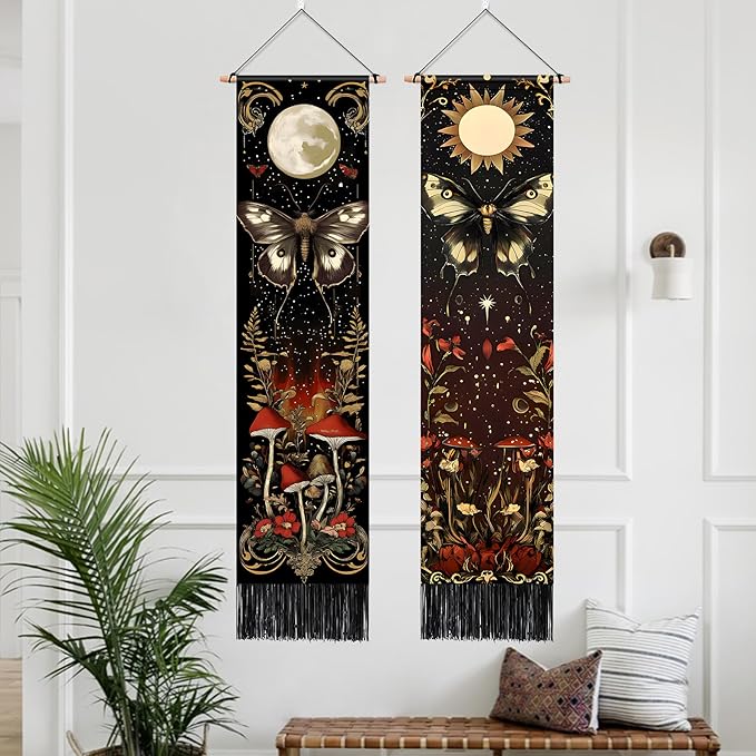 AOHMPT Pack of 2 Long Vertical Tapestry,Nature Landscape Tapestry with Serene Mountain River, Moon & Sun Motifs,Traditional Ink Painting Wall Art , Zen Aesthetic Wall Hanging for Living Room Bedroom Decor 13" W x 51" H"