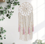 EOBTAIN Boho Macrame Wall Hanging Handmade Dream Catchers Pink and White Woven Tapestry Wall Decor Dreamcatcher Tassel Wall Art Bohemian Home Decor for Bedroom Living Room,Gifts for Girls Woman Mom