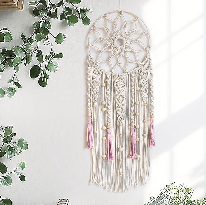 EOBTAIN Boho Macrame Wall Hanging Handmade Dream Catchers Pink and White Woven Tapestry Wall Decor Dreamcatcher Tassel Wall Art Bohemian Home Decor for Bedroom Living Room,Gifts for Girls Woman Mom