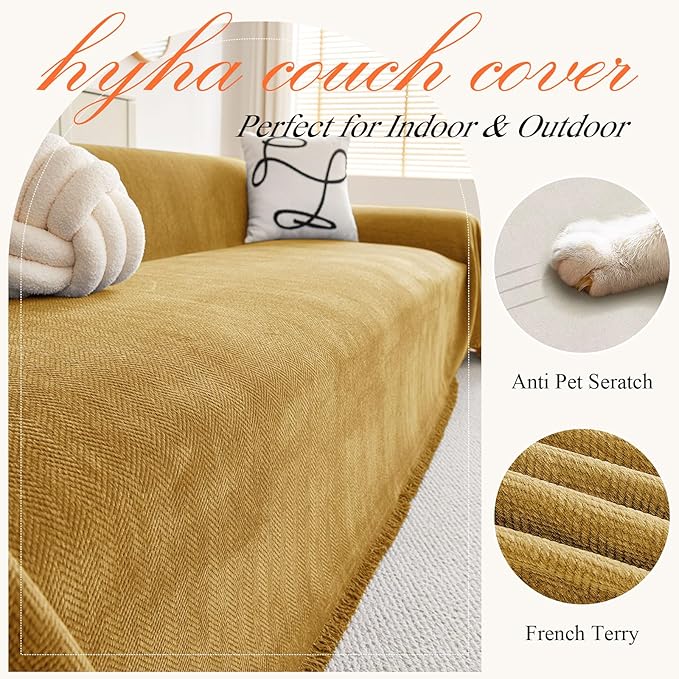 hyha Couch Cover for Dogs, Boho Sofa Covers for 3 Cushion Couch Washable, Chenille Sofa Slipcover for Pets, Soft Loveseat Sectional Couch Throw Blankets with Tassels (Yellow, 71x102 Inch)