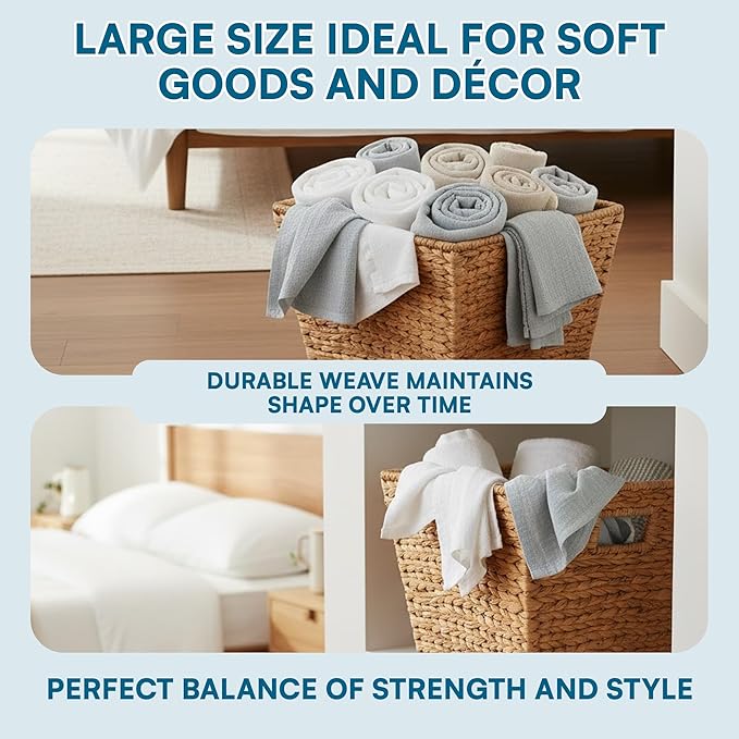 Honey-Can-Do Water Hyacinth Storage Baskets - Durable Wicker Basket with Handle for Organizing Home Essentials, Ideal for Pantry Organizers and Storage & Blanket Basket, Large, 15"x15"x12", Natural