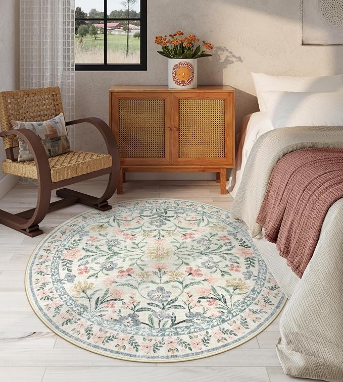 Lahome Sylvie Round Boho Floral Rugs 4ft, Cream Washable Circle Rugs for Bedroom Nursery, Vintage Beige Circular Carpet, Soft Non-Slip Carpet for Kids Room Playroom Calm Corner, Beige