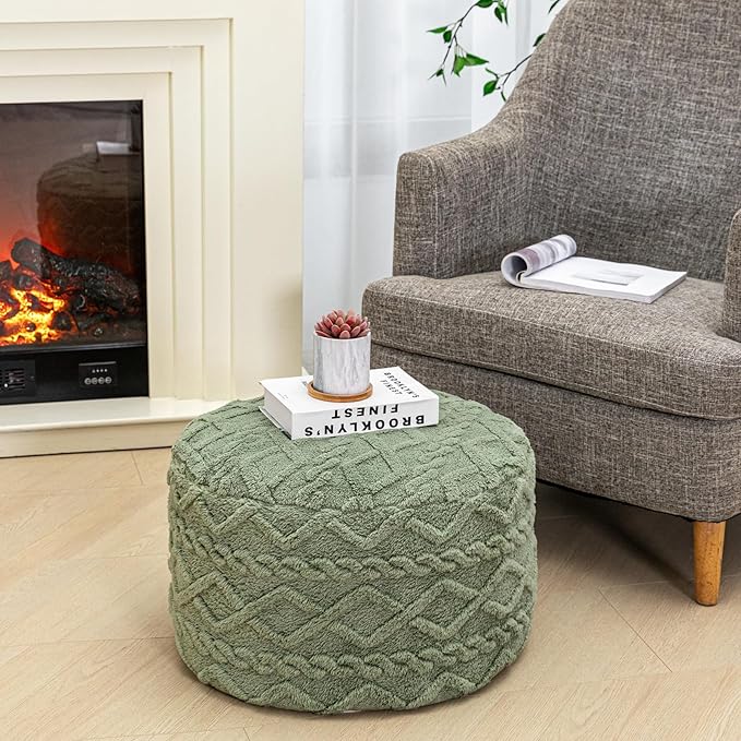 Round Pouf Ottoman Stuffed 20x12 Inches Floor Pouf Chair for Living Room Bedroom Modern Foam Pouf Ottoman Foot Rest for Couch Home Decor Pouffe Sage Green
