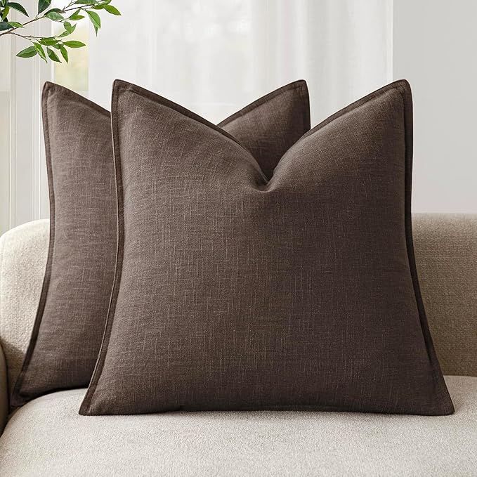 Foindtower Pack of 2, Decorative Linen Soild Throw Pillow Covers Soft Accent Cushion Case Boho Farmhouse Neutral Pillowcase for Couch Sofa Bedroom Living Room Home Decor 18 x 18 Inch Reddish Brown
