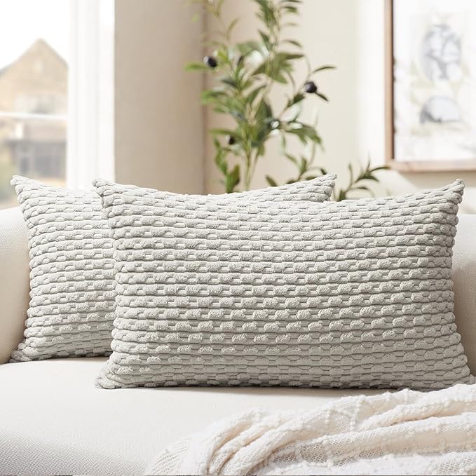Softalker Throw Pillow Covers 12x20 Inch, Set of 2, Soft Corduroy Boho Stripe Decorative Pillow Cover, Couch Fluffy Pillow Cover for Farmhouse Home Decor Bed Living Room, Grey