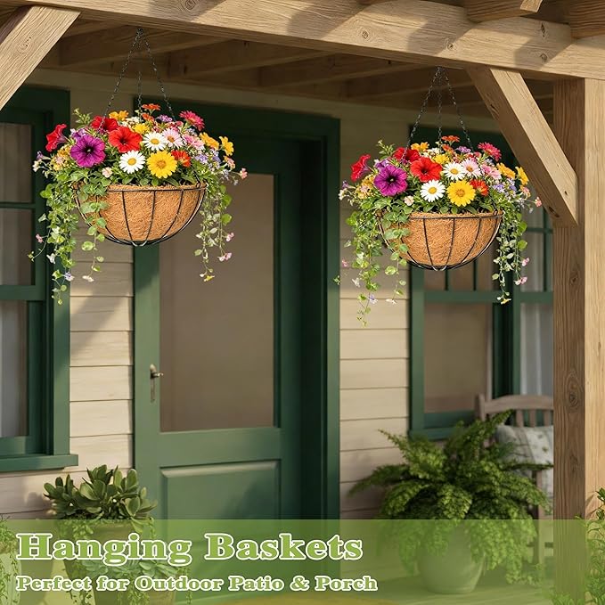 4 Pack 14 Inch Hanging Baskets for Plants Outdoor Metal Hanging Planter Hanging Flower Baskets with Coco Fiber Liners Chain Round Wire Plant Holder Hanging Flower Pots(Watermelon)