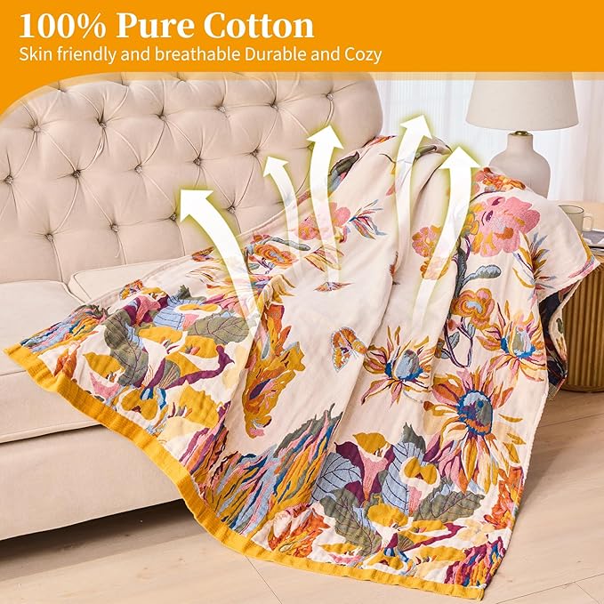 Boho Floral Throw Blanket, 100% Cotton Muslin Ultra Soft Sofa & Couch Cover, Bohemian Home Decor Gauze Quilt (Flower and Butterfly, 60"x80")