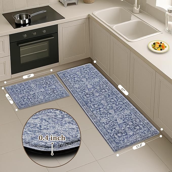 Arttown Kitchen Mats for Floor 2Pcs-Anti Fatigue Non Slip Mats for Kitchen Floor, Cushioned Waterproof & Stain-Resistant Boho Stripe Floral Mat Set, Laundry Room, Office, Sink, Desk (Blue)