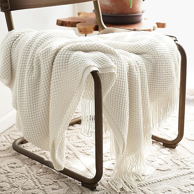 LOMAO Knitted Throw Blanket with Tassels Bubble Textured Lightweight Throws for Couch Cover Home Decor (Cream, 50x60)