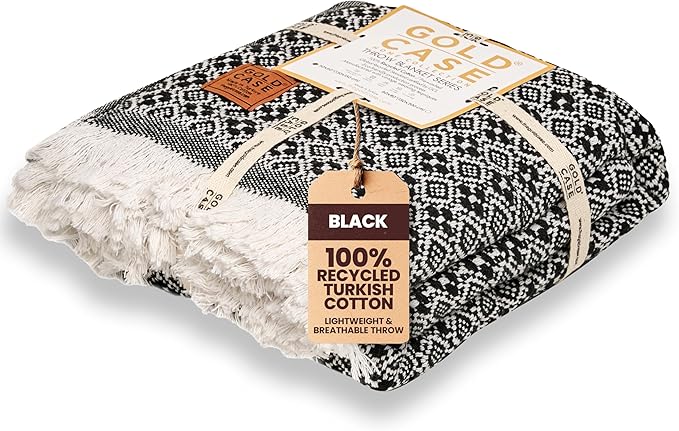 GOLD CASE Throw Blanket for Couch - 100% Recycled Turkish Cotton Blankets & Throws - Retro Soft Throw Blankets for Living Room - Boho Decorative Woven Couch Blanket - 50x60 - Black