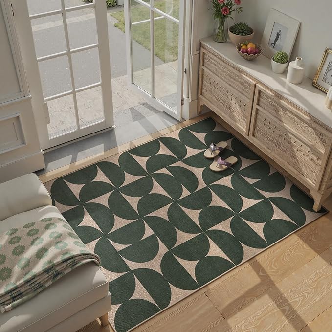 Lahome Modern Geometric Easy Jute 3x5 Entryway Washable Rug, Green Outdoor Carpet for Porch Patio, Neutral Semi-Circle Indoor Mat for Living Room Office Classroom