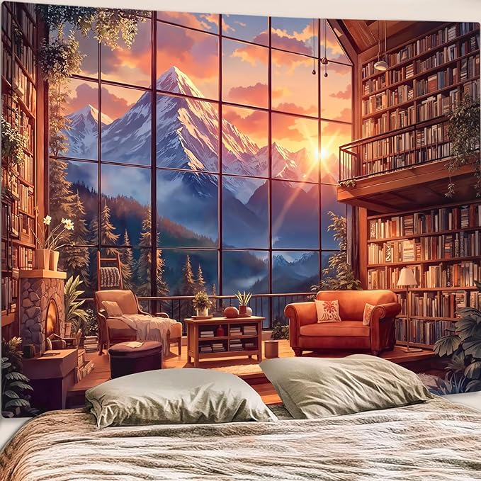 Accnicc Forest Mountain Library Tapestry Fantasy Bookshelf Tapestries Wall Hanging Watercolor Nature Fairy Sunset Library Backdrop Extra Large Tapestry for Bedroom Dorm Room Classroom 90 x 68 inch