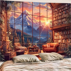 Accnicc Forest Mountain Library Tapestry Fantasy Bookshelf Tapestries Wall Hanging Watercolor Nature Fairy Sunset Library Backdrop Extra Large Tapestry for Bedroom Dorm Room Classroom 90 x 68 inch