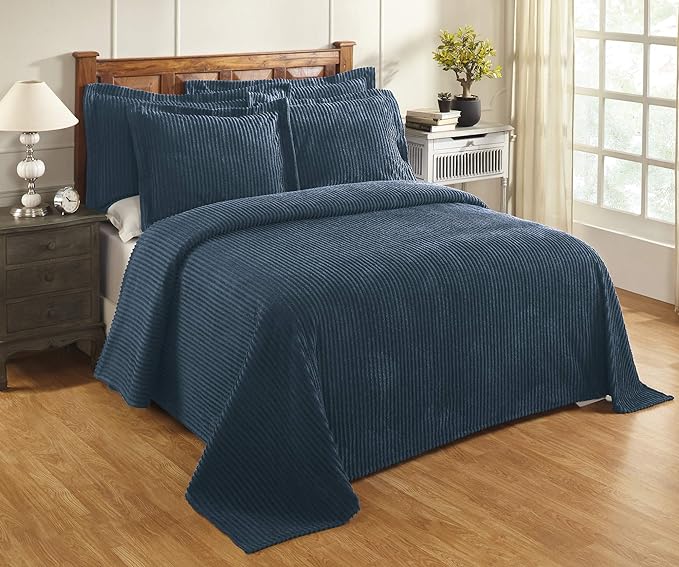 Better Trends Chenille Bedspreads Full/Double Size, Teal 100% Cotton Chenille Stripe Design Tufted Bedding Coverlet Soft Lightweight, 96"x110" with 2 Sham, 3 Pieces Set Jullian Collection