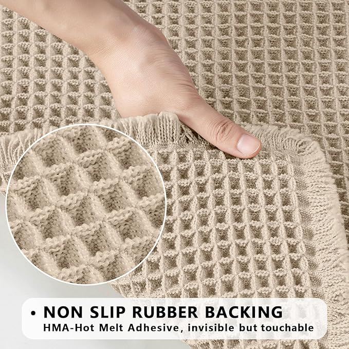 MIULEE Set of 2 Waffle Bathroom Rugs, Boho Bath Rugs Non Slip Washable, Super Absorbent Bath Mats, Ultra Soft Rubber Backed Shower Mats for Bathroom Floor, Tub and Shower, Pale Beige, 17x24 Inch