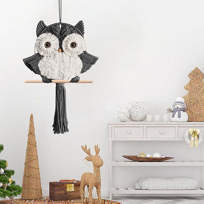 Macrame Owl Wall Hanging - Handmade Boho Hanging Tapestry Art Home Decor, Nature-Inspired Gift for Owl Lovers, Sustainable Fiber Wall Art Minimalist Bird-Themed Decor - Grey
