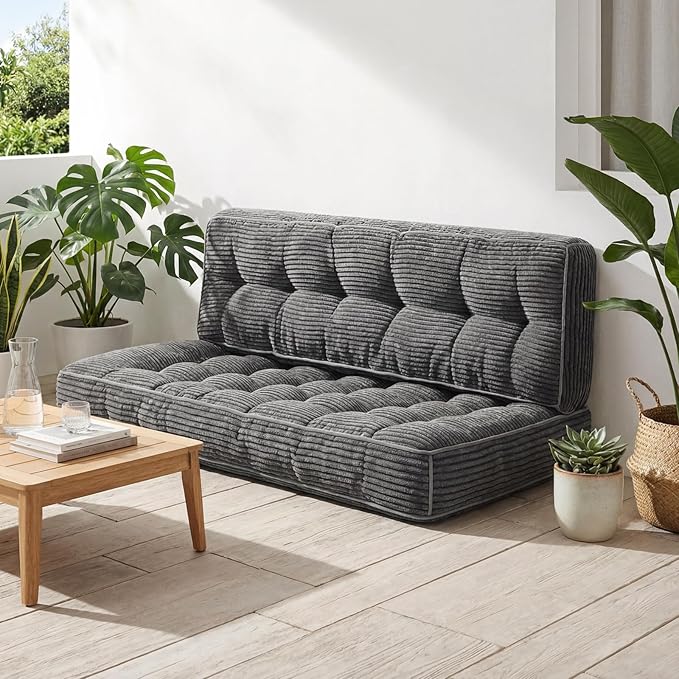 63 Inch Folding Bench Cushion, 4 Inch Thick 2-in-1 Convertible Long Floor Lounger Boneless Cushions Couch Mattress Upholstered for Yoga, Reading, Sleeping, Meditation Living Room(Dark Grey)