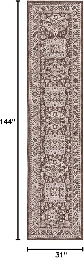 Rugs.com Outdoor Aztec Collection Rug – 12 Ft Runner Brown Flatweave Rug Perfect for Hallways, Entryways