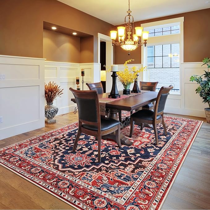 Amearea Vintage Design Area Rugs for Living Room, 4x6 Machine Washable Floral Collection Traditional Bedroom Rug, Low Pile Dinning Room Carpet, No Slip Office Kitchen Home Decor, Red and Blue