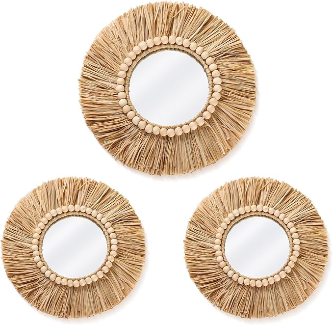 3 Pcs Boho Raffia Mirror Wall Hanging Decor 15.8 Inch 11.8 Inch Rustic Round Boho Circle Mirrors with Wood Bead Farmhouse Aesthetic Nursery Mirrors for Bedroom Living Room Bathroom Wall Decor