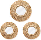 3 Pcs Boho Raffia Mirror Wall Hanging Decor 15.8 Inch 11.8 Inch Rustic Round Boho Circle Mirrors with Wood Bead Farmhouse Aesthetic Nursery Mirrors for Bedroom Living Room Bathroom Wall Decor
