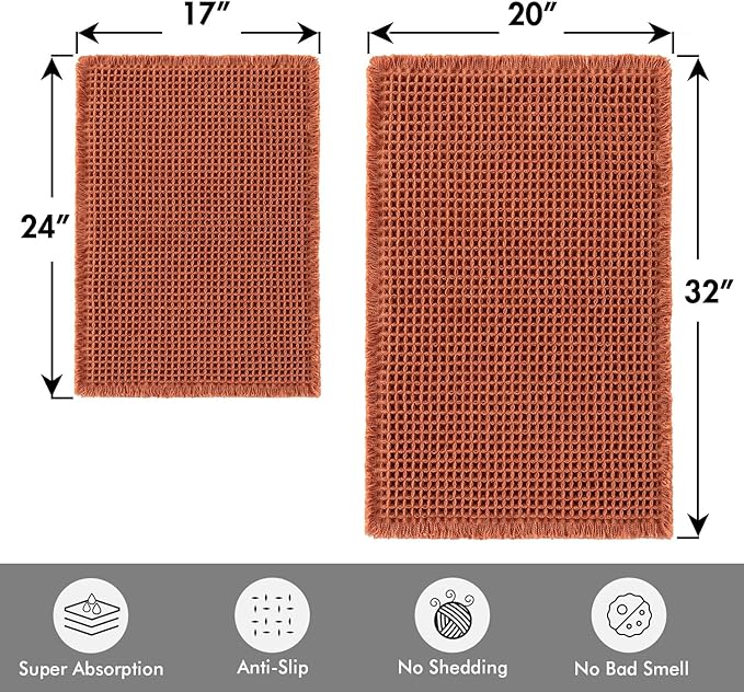 MIULEE Orange Set of 2 Waffle Bathroom Rugs, Boho Bath Rugs Non Slip Washable, Super Absorbent Bath Mats, Ultra Soft Rubber Backed Shower Mats for Bathroom Floor, Tub, 17"x24"+20"x32"