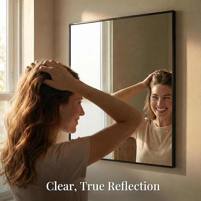 36''x36'' Large Black Square Mirror, Matte Metal Framed Bathroom Vanity Mirror, Oversized Wall Mirror for Entryway, Industrial Decor, Flush Mount
