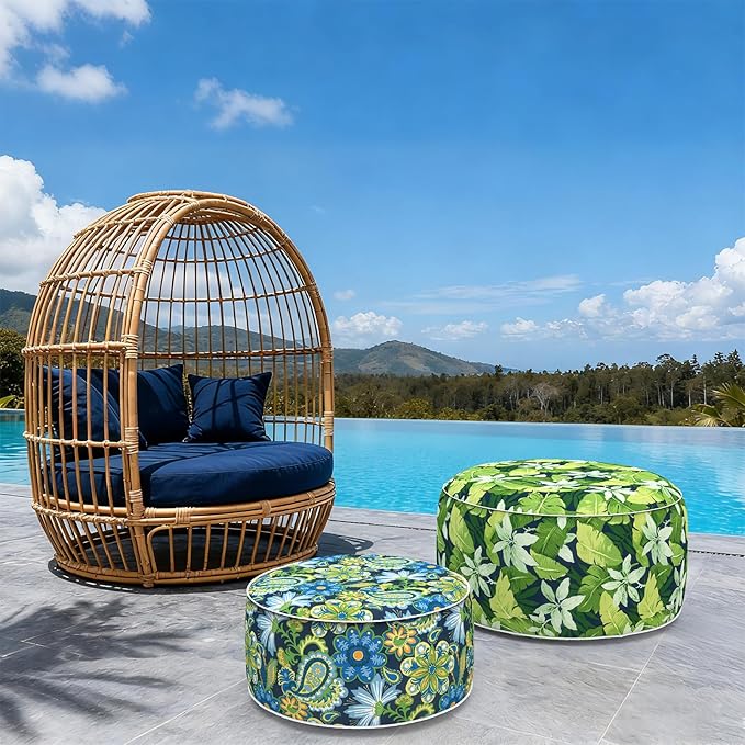 TWELAR Indoor/Outdoor Inflatable Ottoman with Handle, Decorative Fade-Resistant Round Footstool D21 x H9 inch, Portable Ottoman Pouf for Patio Garden Camping, Flower Child