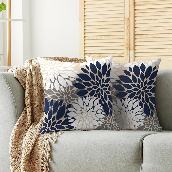 Navy White Grey Gray Pillow Covers 20X20 Inch Set of 2, Summer Modern Geometry Dahlia Floral Print Decorative Throw Pillow Covers Outdoor Farmhouse Cushion Case for Couch Sofa Bed Decor