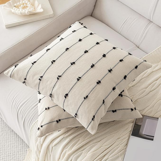 Boho Throw Pillow Covers 16x16 Set of 2 Modern Farmhouse Decorative Cushion Case Tufted Square Pillows Cover Neutral Pillow Cases Accent Pillowcase for Sofa,Couch,Bed,Beige and Black