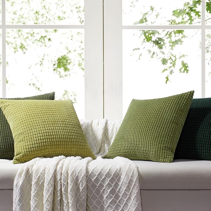 Softalker Throw Pillow Covers 20x20 Inch, Set of 4, Soft Corduroy Boho Stripe Decorative Pillow Cover, Couch Fluffy Pillow Cover for Farmhouse Home Decor Bed Living Room, Green