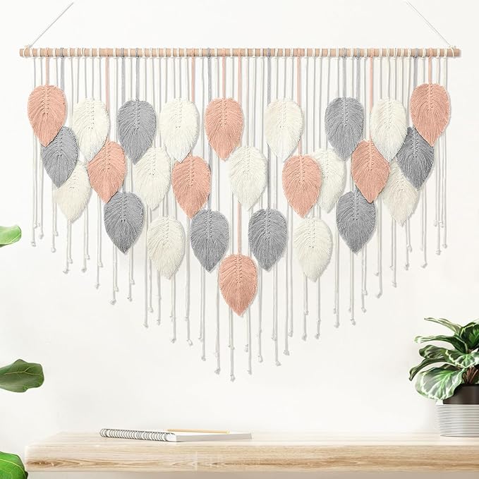 Alynsehom Large Macrame Wall Hanging, Boho Woven Tapestry, Chic Modern Bohemian Handmade Leaf Feather Wall Art Home Decor for Apartment Dorm Living Room Bedroom Nursery Backdrop (51.5" W X 33.5" L)